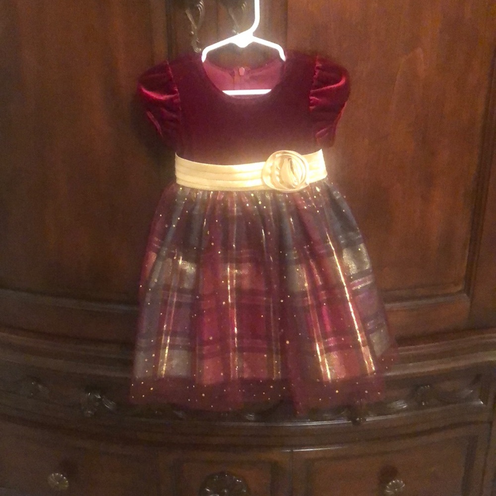Bonnie Jean Deep Burgundy Dress with gold belt.